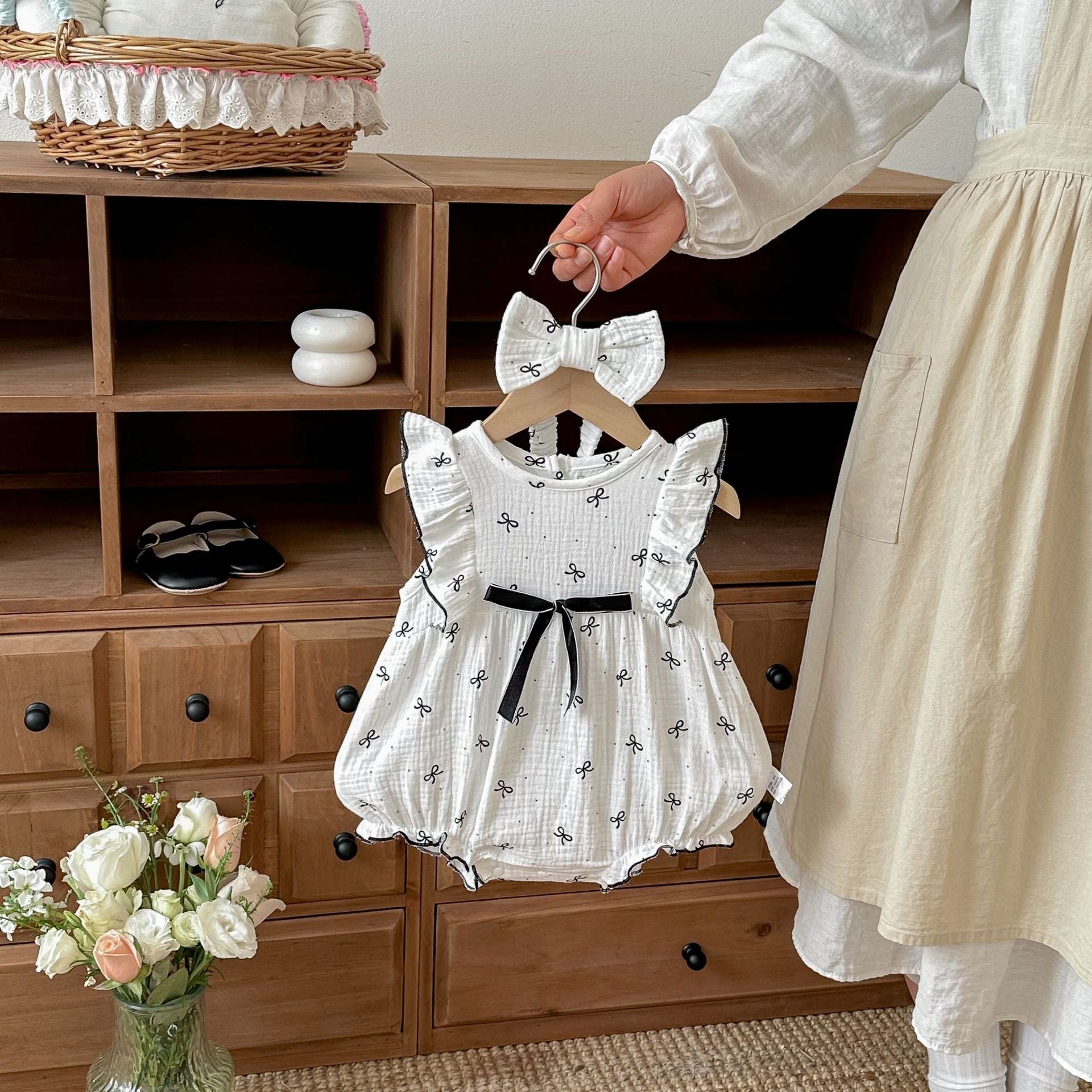Ruffle Bow Pattern Onesie with Bow